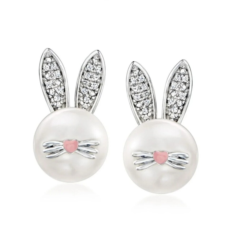 Ross-Simons Pearl Bunny Earrings, Diamond Accents, Pink Enamel, Sterling Silver